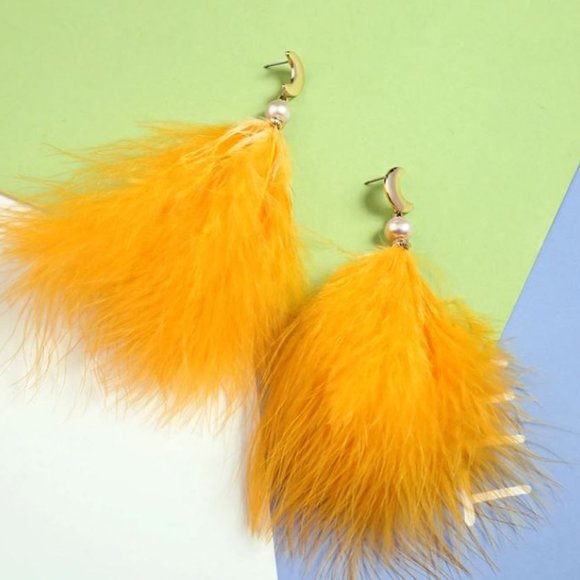 Love Is Real Couture Jewelry - LAST ONE! Ostrich Feather, Moon & Pearl Earrings